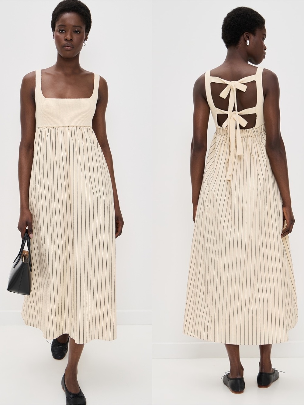 English Factory Tie Back Knit Combo Maxi Dress Tan Stripe Pockets Medium